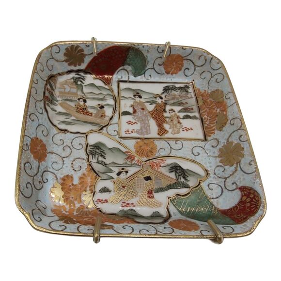 Hand Painted Macau Cloisonne Porcelain Satsuma Blank 3 Scenes Japanese Village - Picture 4 of 12